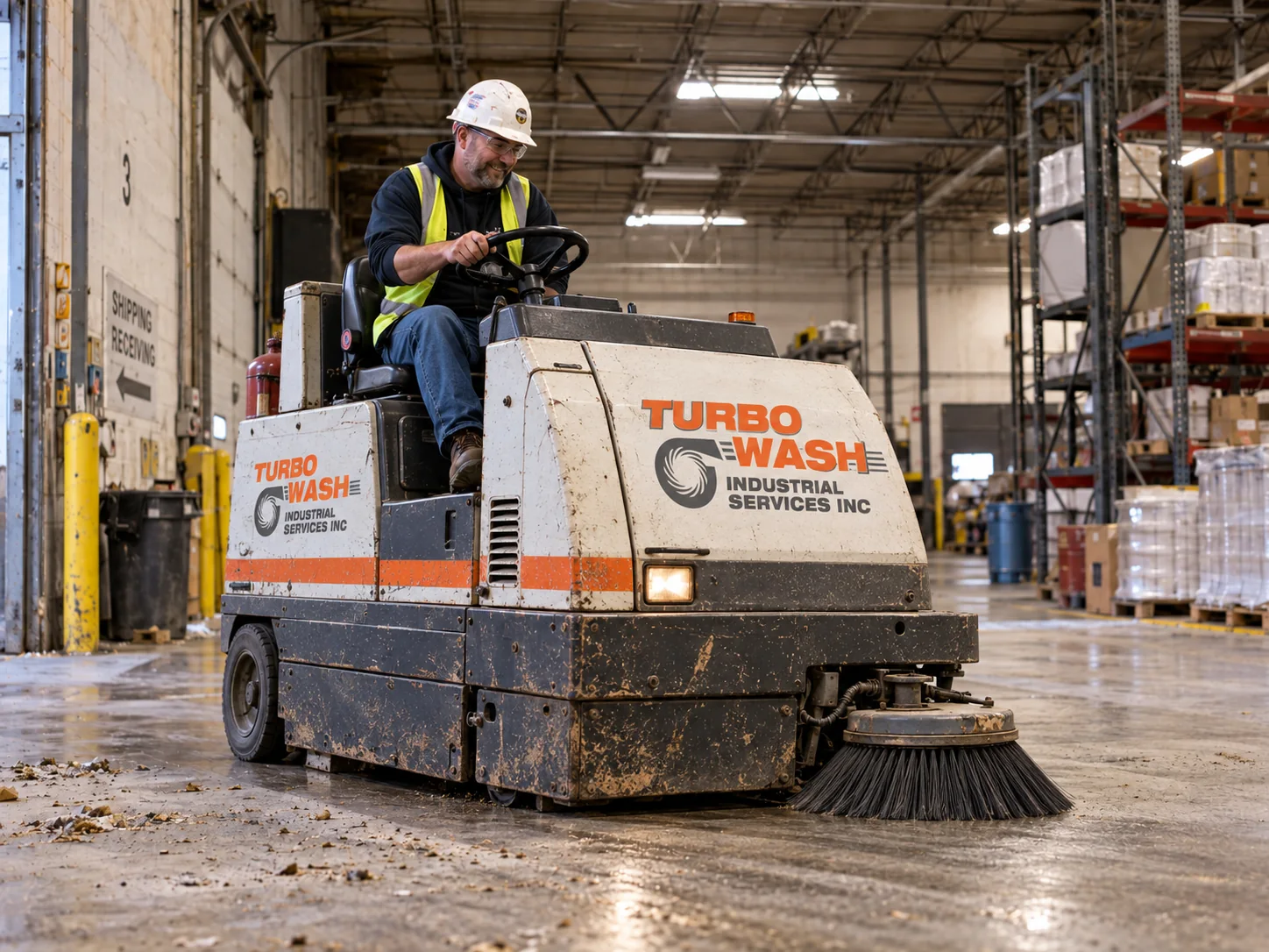 Turbo Wash branded ride-on sweeper operating inside a warehouse